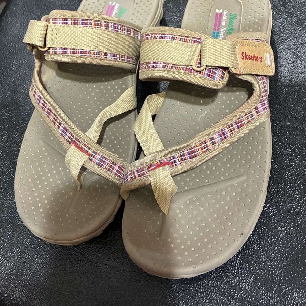 Skechers Beige Sandals with Plaid Straps